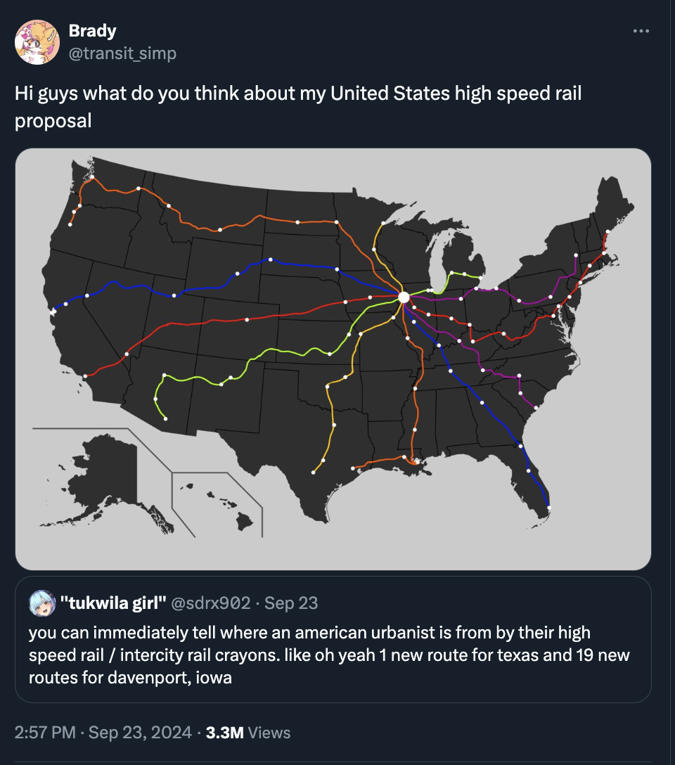 map - Brady simp Hi guys what do you think about my United States high speed rail proposal "tukwila girl" . Sep 23 you can immediately tell where an american urbanist is from by their high speed railintercity rail crayons. oh yeah 1 new route for texas an